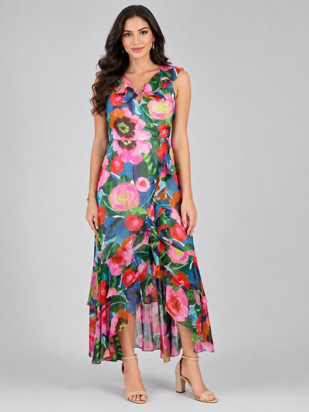 Kensie Vibrant Floral Ruffle V-Neck Maxi Dress - Pink & Green - Picture 5 of 11